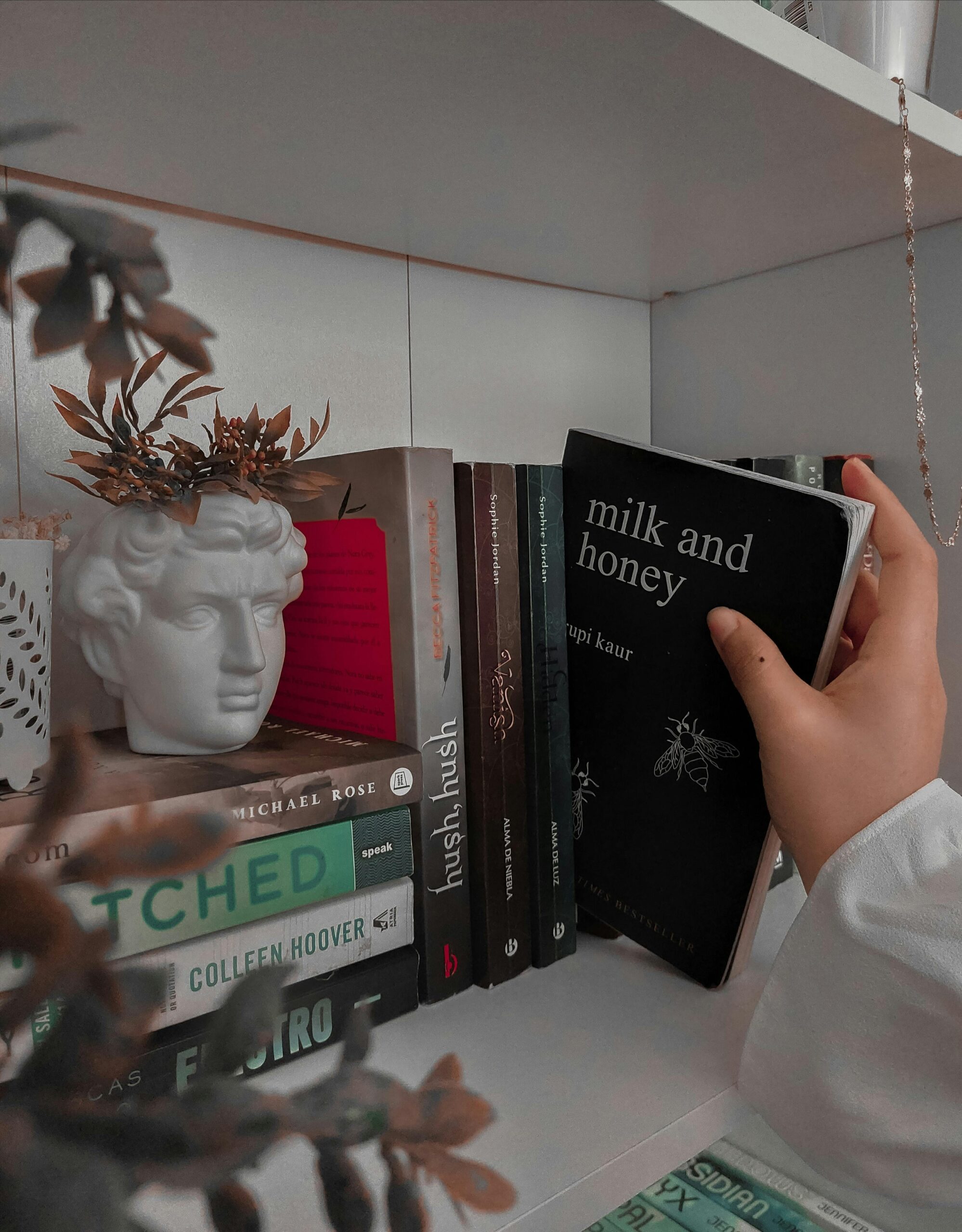 Home A hand selects 'Milk and Honey' from a neatly arranged bookshelf, showcasing diverse literature.